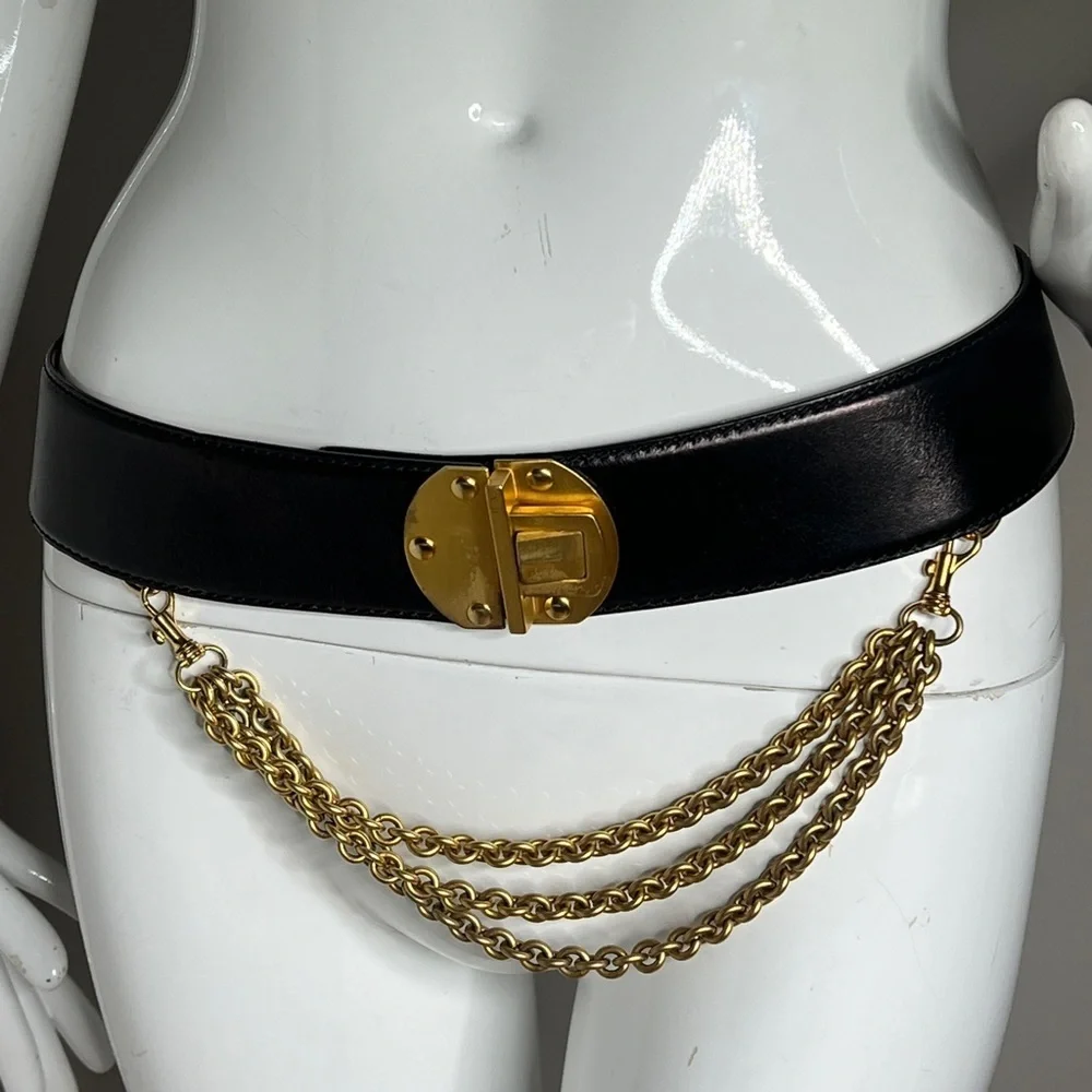 Donna Karan New York 1990’s Black & Gold 34” Adjustable Waist Belt w Chain
